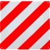 Quadratisches Schild mit diagonalen rot-weißen Streifen, vier Bohrungen in den Ecken, reflektierende Oberfläche