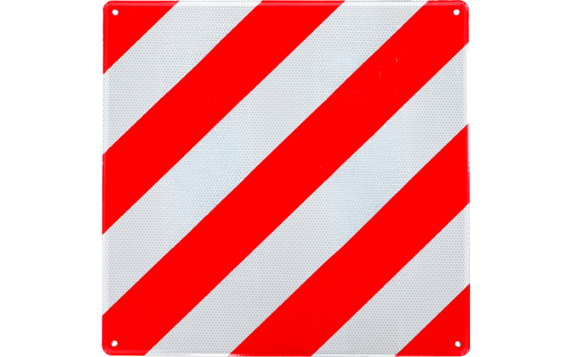 Quadratisches Schild mit diagonalen rot-weißen Streifen, vier Bohrungen in den Ecken, reflektierende Oberfläche