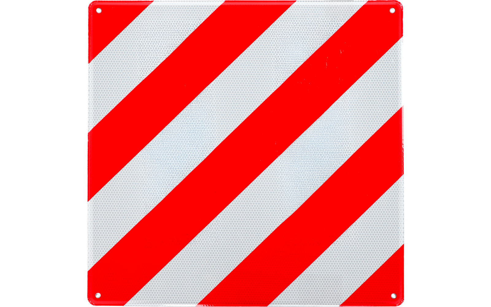 Quadratisches Schild mit diagonalen rot-weißen Streifen, vier Bohrungen in den Ecken, reflektierende Oberfläche
