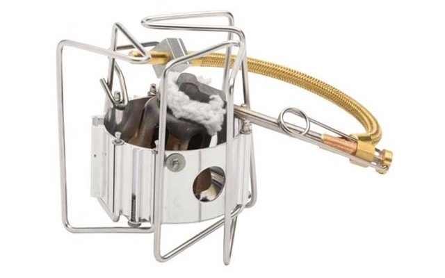 Metallischer Brenner mit Drahtgestell, runder Gehäuseöffnung, weißem faserigen Material innen und goldfarbenem geflochtenem Schlauch