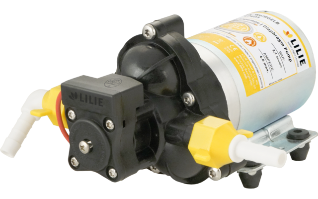 Small electric pump with black pump head, silver motor housing, yellow connectors and white tubing, mounted on a metal bracket