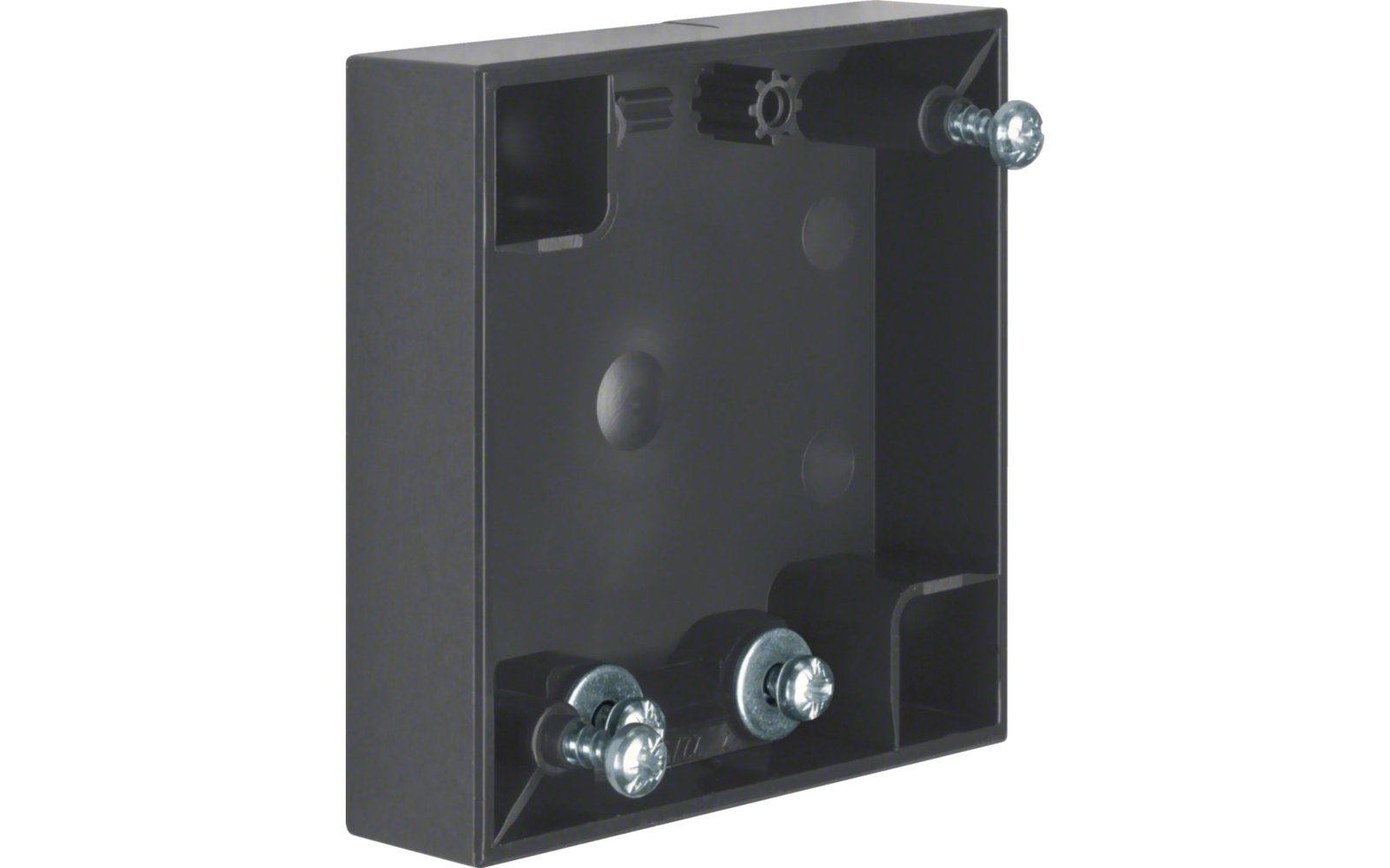 Schwarze quadratische Kunststoffbox mit drei Metallbefestigungen innen