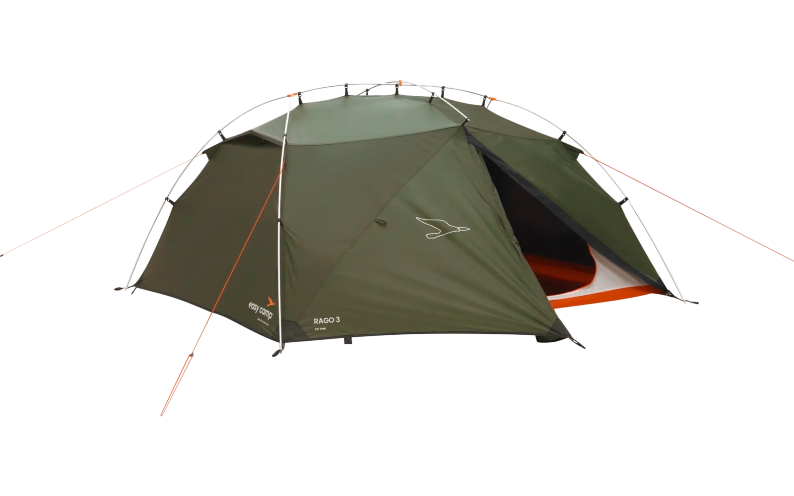 Grünes Campingzelt mit geöffnetem Eingang auf einer Wiese bei sonnigem Wetter