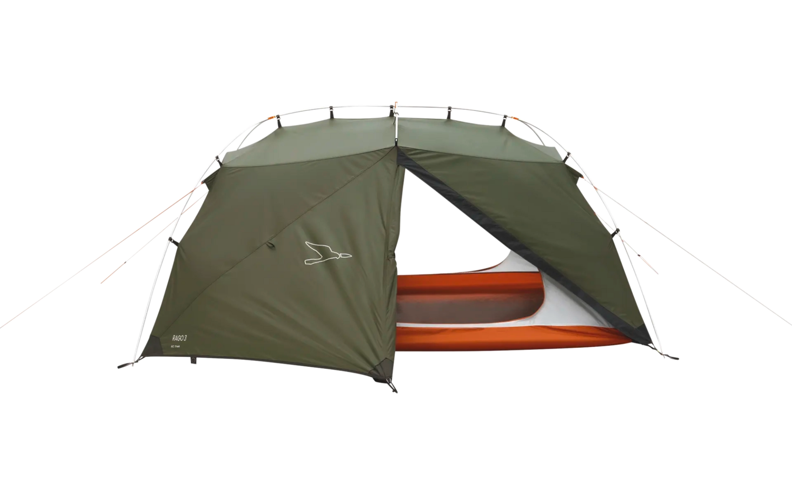 Grünes Zelt mit offenem Eingang, darin zwei orangefarbene Schlafsäcke sichtbar, auf weißem Hintergrund