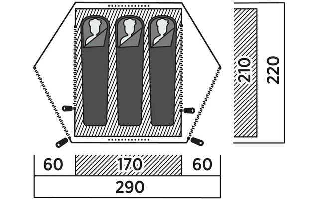 Technisches Diagramm mit Maßen in Millimetern, drei vertikale rechteckige Elemente und Linien zur Maßangabe