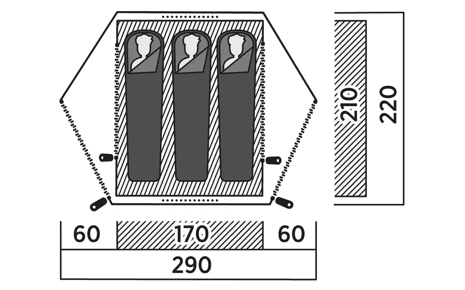 Technisches Diagramm mit Maßen in Millimetern, drei vertikale rechteckige Elemente und Linien zur Maßangabe