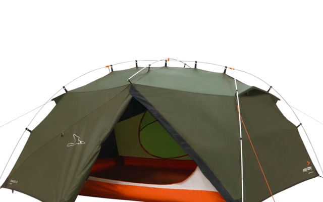 Tenda da campeggio verde con ingresso aperto su erba