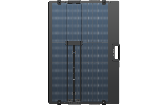 Vertikal ausgerichtetes rechteckiges dunkelblaues Solarpanel mit feinen quadratischen Zellen, schwarzem Rahmen, zwei vertikalen schwarzen Halteschienen und einem Griff rechts