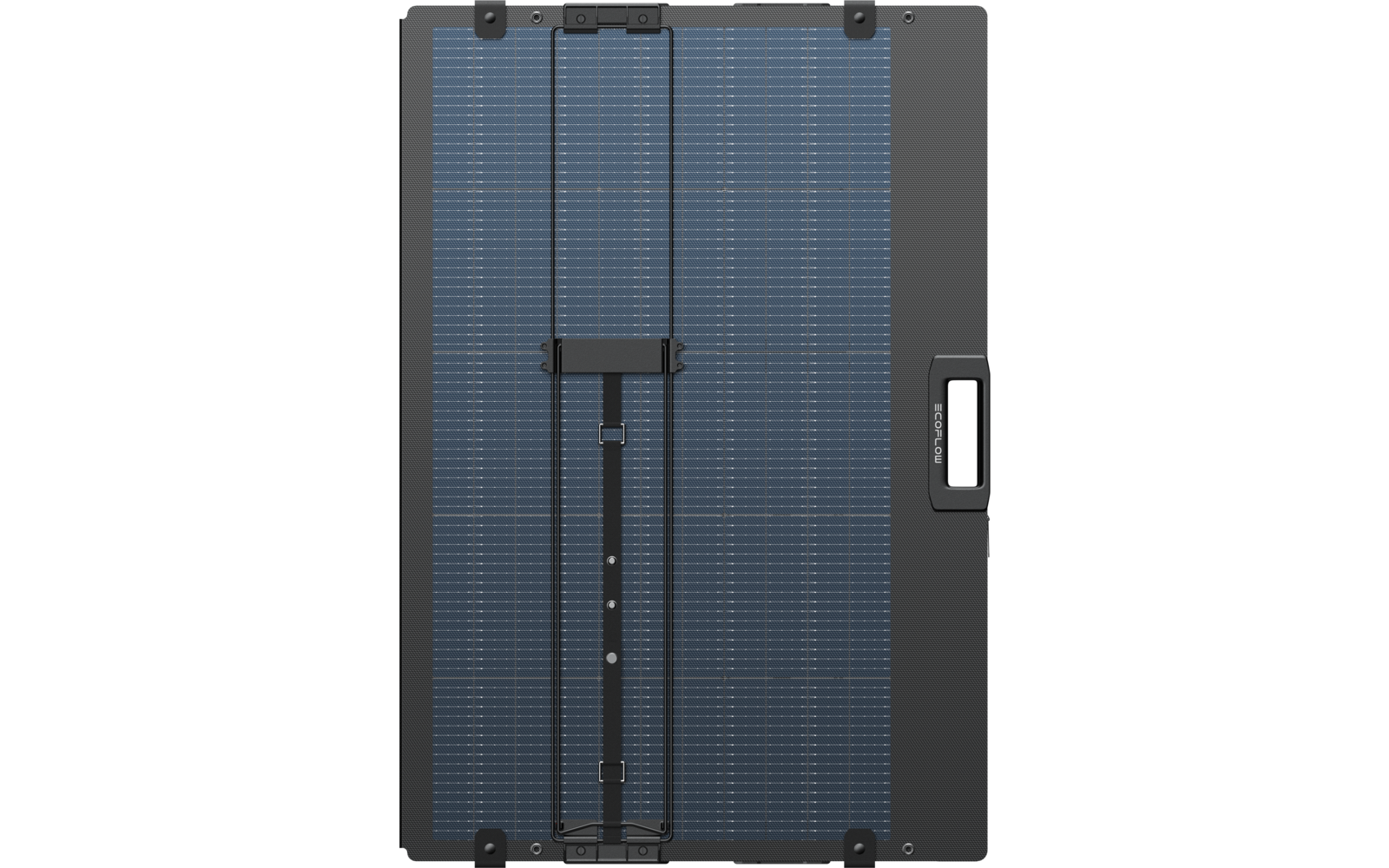 Vertikal ausgerichtetes rechteckiges dunkelblaues Solarpanel mit feinen quadratischen Zellen, schwarzem Rahmen, zwei vertikalen schwarzen Halteschienen und einem Griff rechts