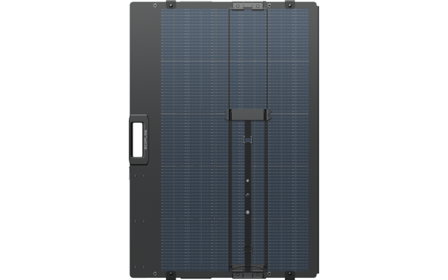 Rechteckige dunkelblaue Fläche mit gleichmäßigem Raster aus kleinen rechteckigen Zellen, dunkler grauer Rahmen, mittige Scharnier- bzw. Falzlinie, zwei vertikale Haltebänder mit Schnallen, schwarzer Tragegriff an der linken Kante