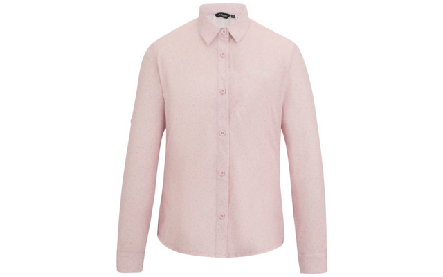 Hellrosa Langarmbluse mit Hemdkragen, durchgehender Knopfleiste und feinem Punktmuster
