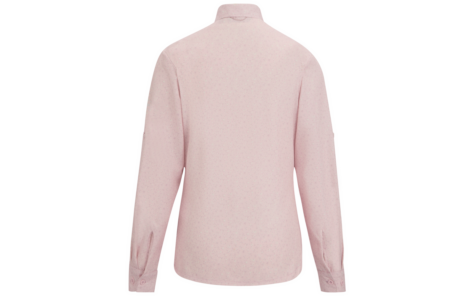 Rückenansicht einer hellrosa Langarmbluse mit Stehkragen und Manschetten
