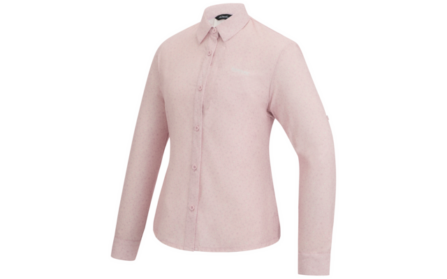 Rosa langärmlige Bluse mit Kragen, durchgehender Knopfleiste und Brusttasche, freigestellt auf weißem Hintergrund