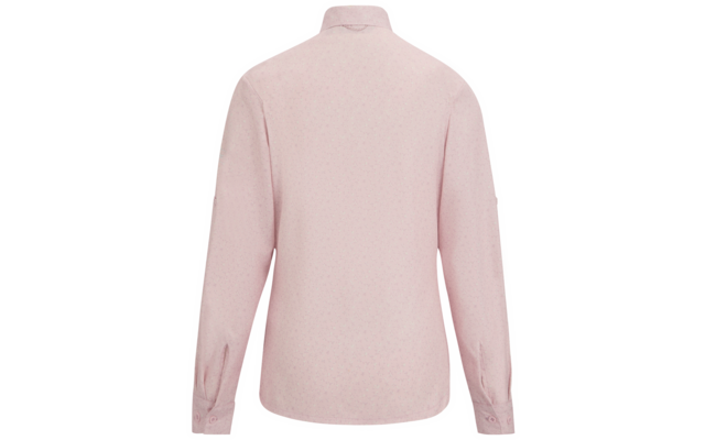 Rückenansicht einer hellrosa Langarmbluse mit Stehkragen und Manschetten