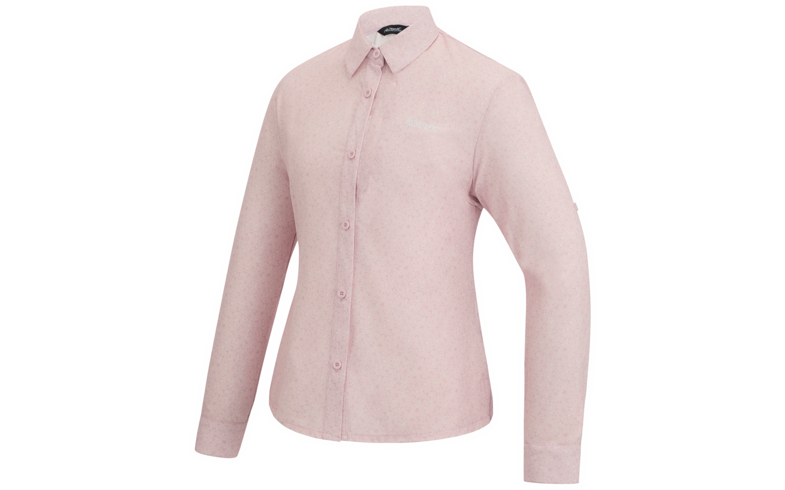 Rosa langärmlige Bluse mit Kragen, durchgehender Knopfleiste und Brusttasche, freigestellt auf weißem Hintergrund