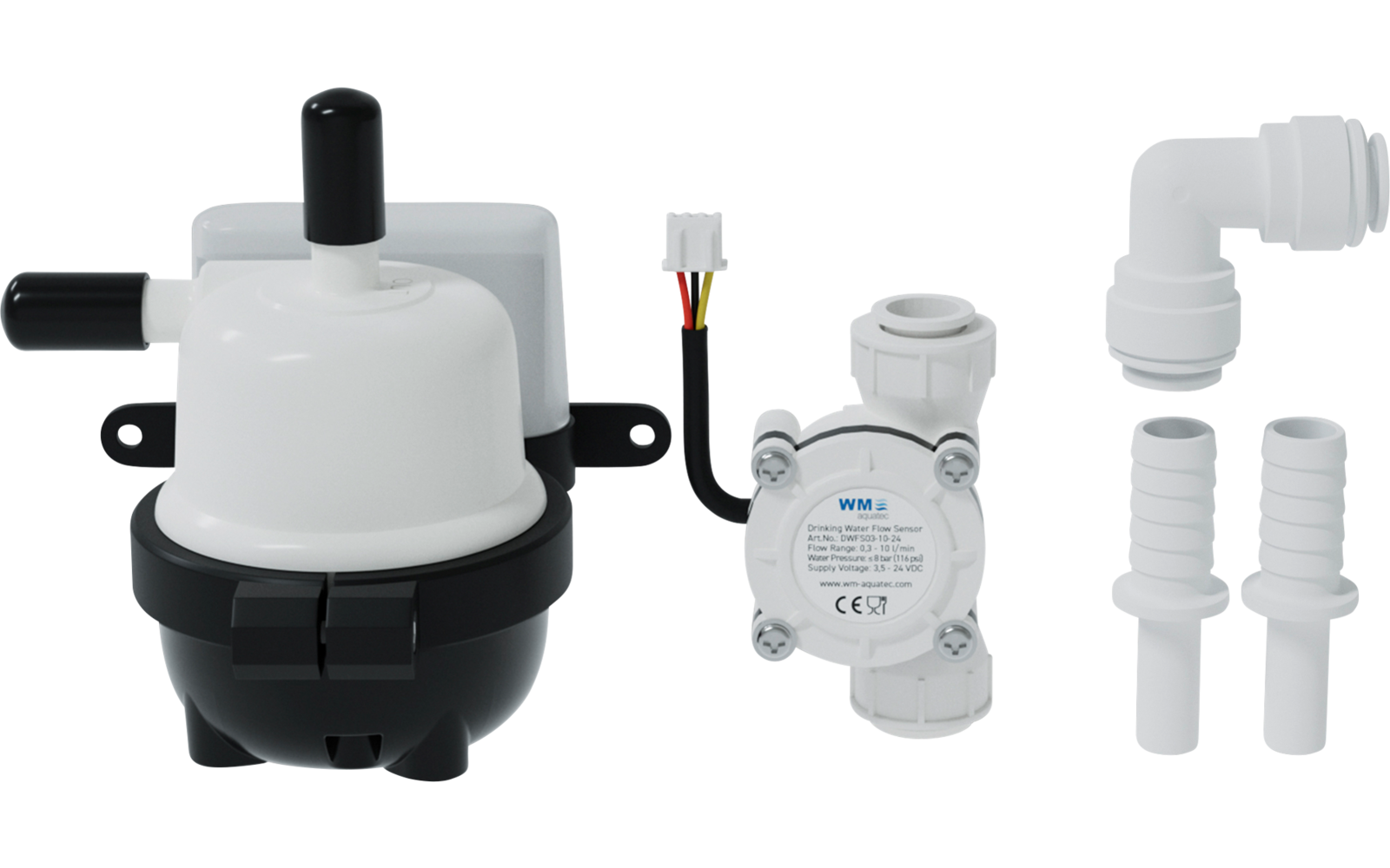 Weiße und schwarze elektrische Pumpe mit Kabel und mehreren weißen Kunststoffanschlüssen