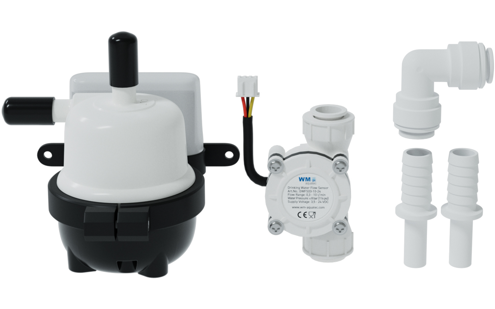 Pompe électrique blanche et noire avec câble et plusieurs connecteurs en plastique blanc