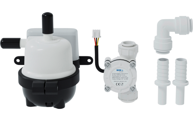 Pompa elettrica bianca e nera con cavo e diversi connettori in plastica bianca