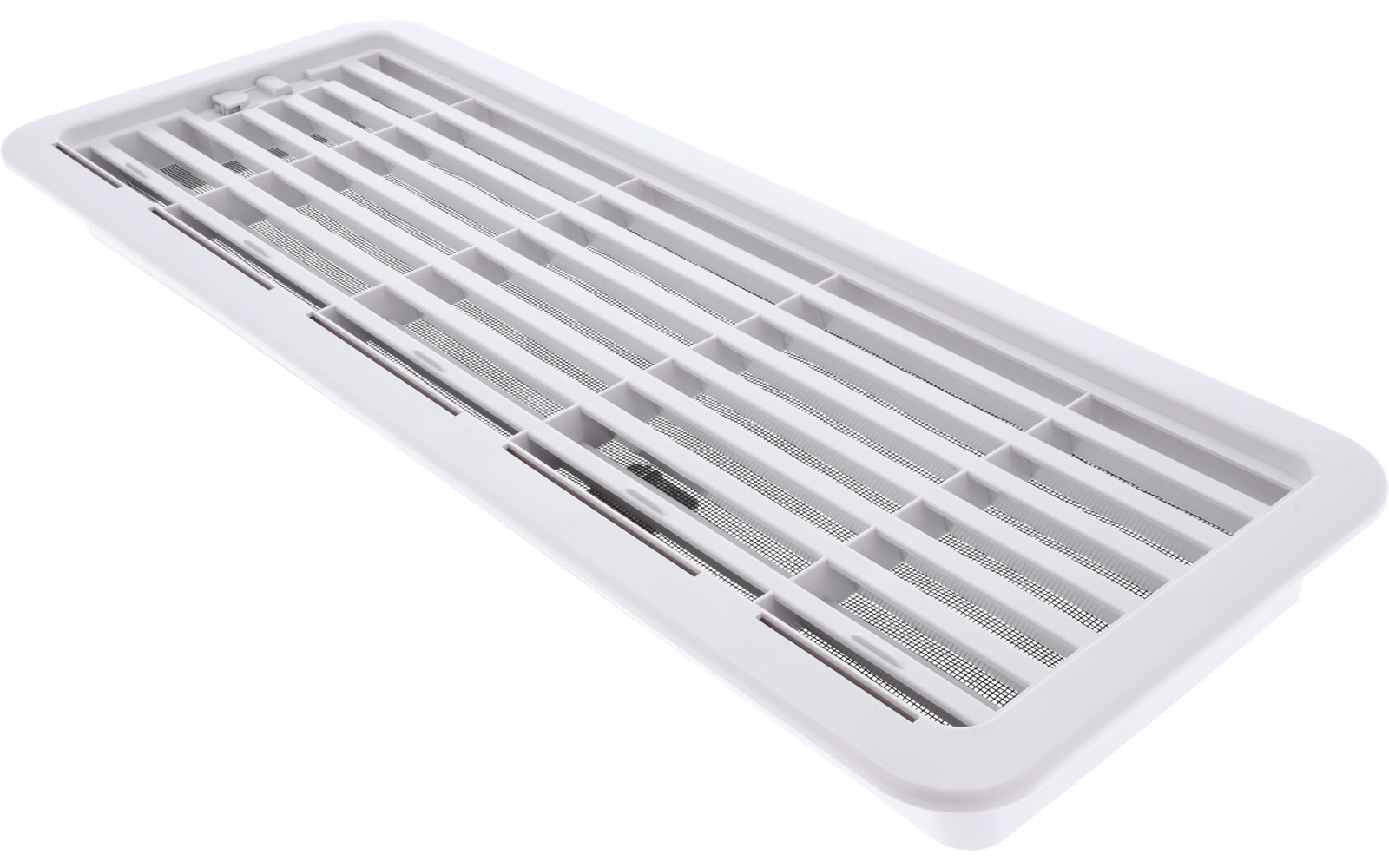 Weißes rechteckiges Lüftungsgitter mit horizontalen Lamellen und Rahmen