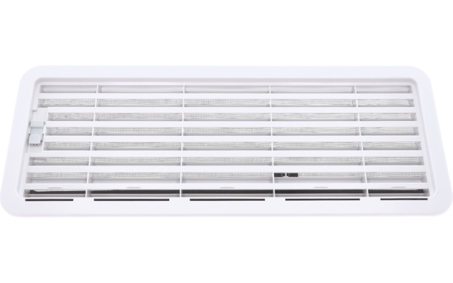 Weißes rechteckiges Gitter mit horizontalen Lamellen und schmalem Rahmen