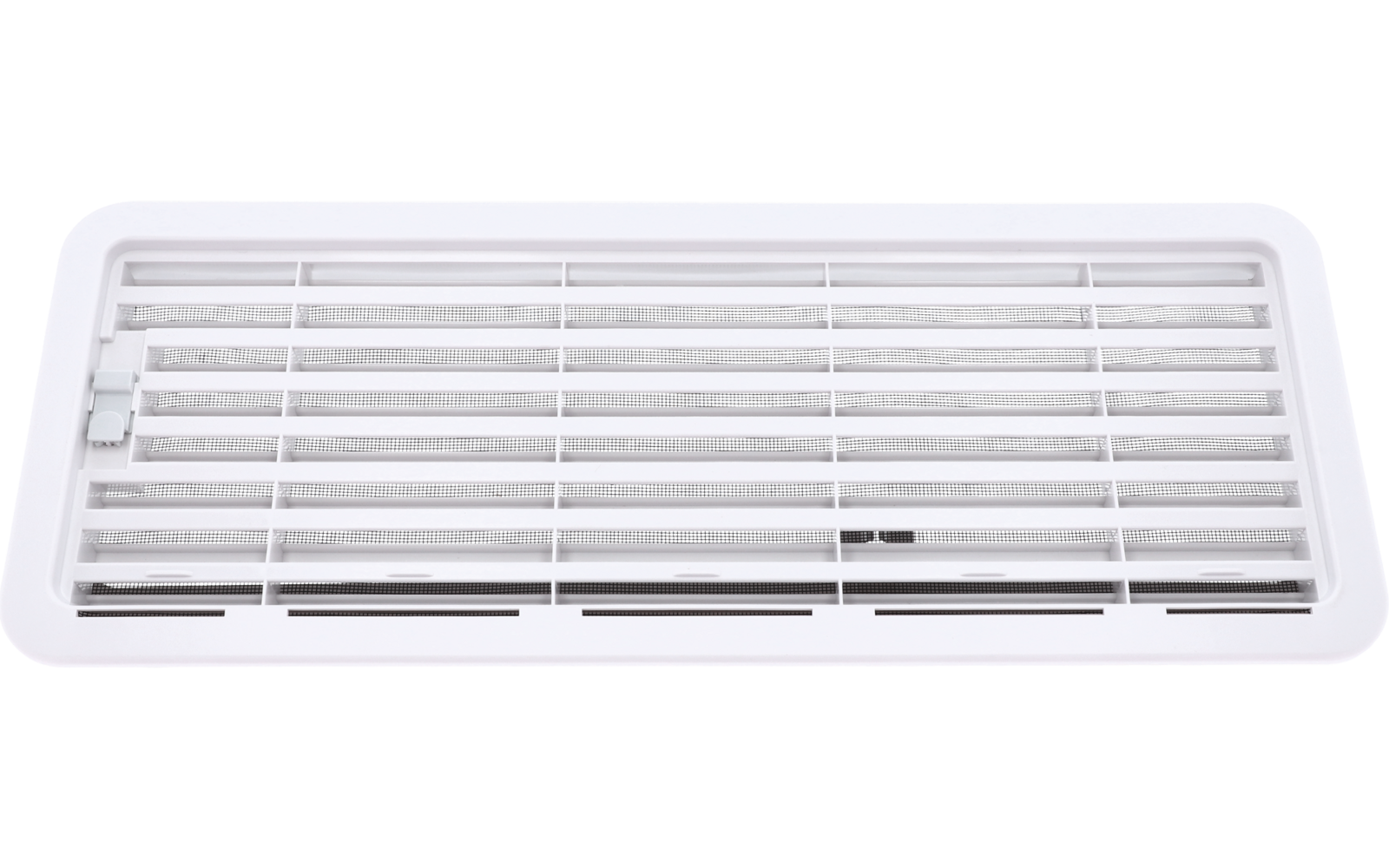 Weißes rechteckiges Gitter mit horizontalen Lamellen und schmalem Rahmen