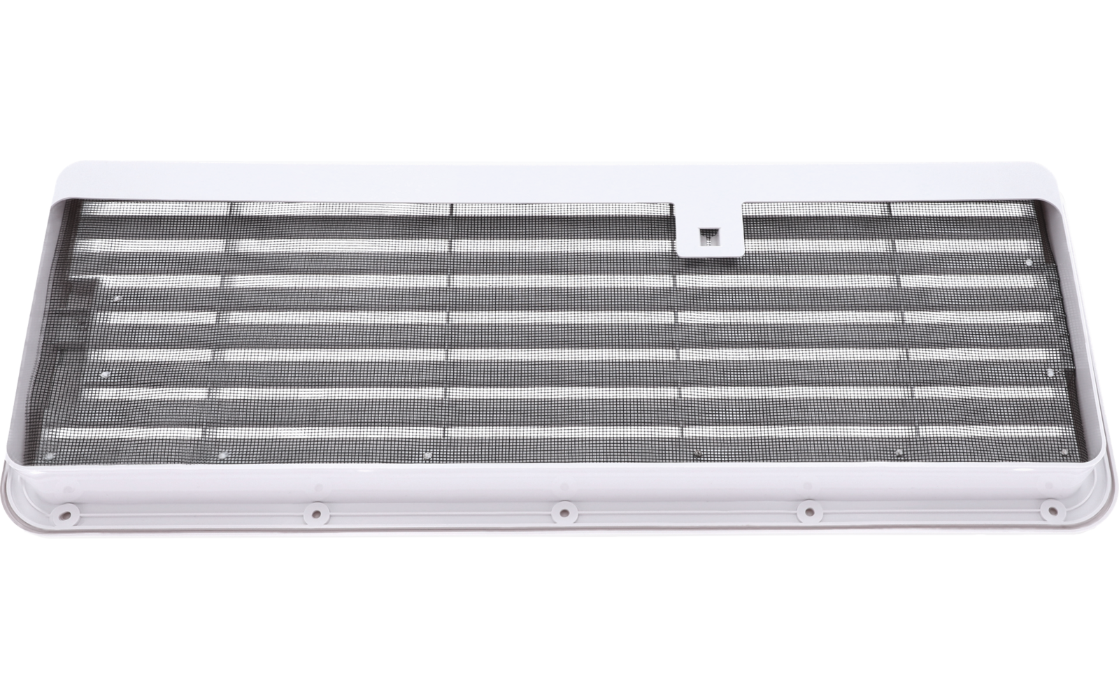 Rechteckiger weißer Kunststoffrahmen mit dunklem feinmaschigem Gitter und zentraler Verriegelung oben