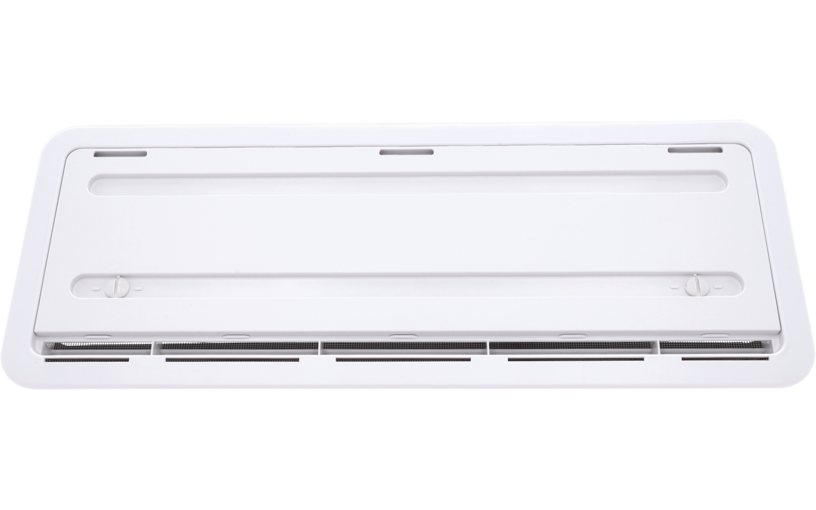 Weißes rechteckiges Kunststoffpaneel mit abgerundeten Ecken, zentral eingelassenem Rechteck, zwei schmalen horizontalen Schlitzen oben und mehreren schmalen horizontalen Schlitzen am unteren Rand