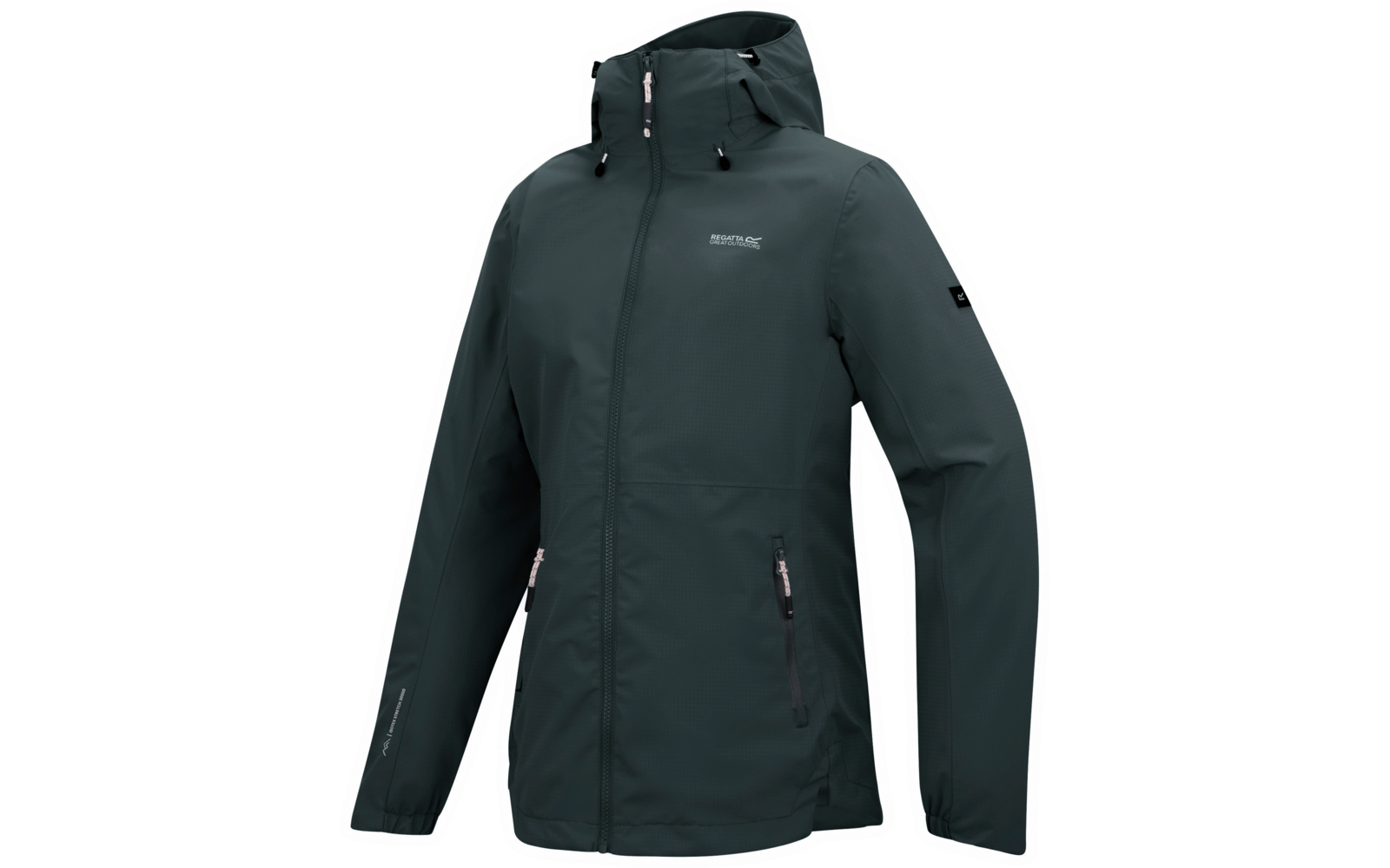 Dunkelgrüne Jacke mit Kapuze, durchgehendem Reißverschluss, zwei Reißverschlusstaschen vorne, langen Ärmeln und kleinem Brustlogo