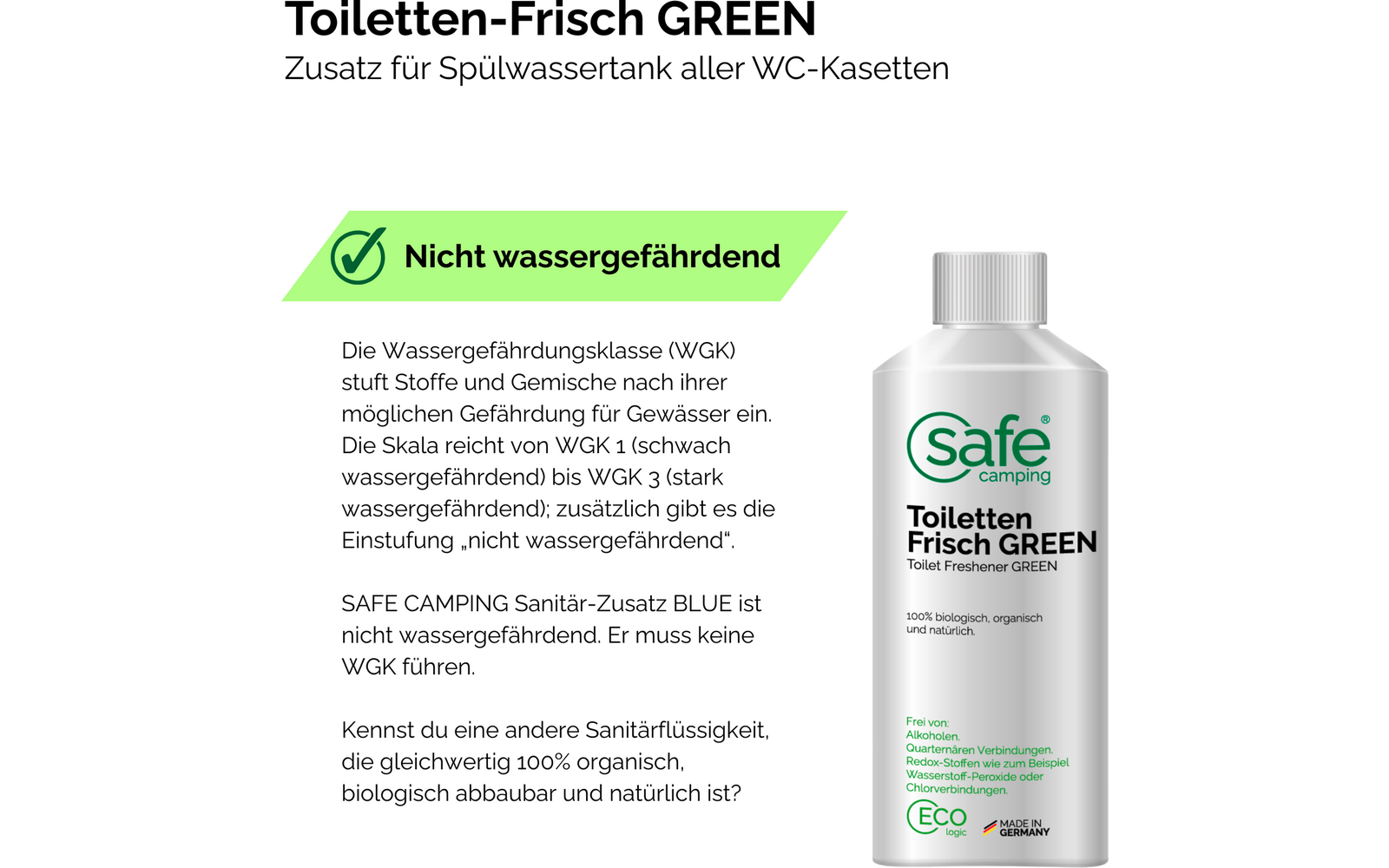 Produktbild Safe Camping Toiletten-Frisch Green Zusatz f&uuml;r den Sp&uuml;lwassertank 1