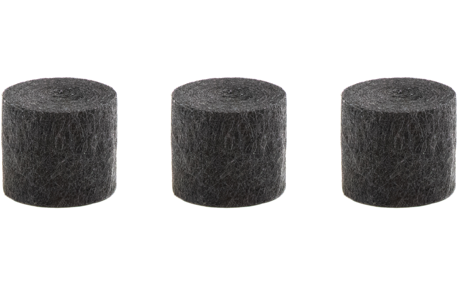 Drei dunkelgraue Zylinder in einer Reihe auf weißem Hintergrund