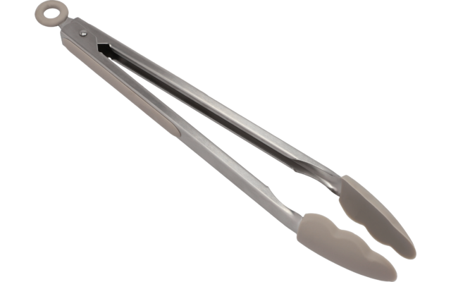 Pinza in metallo con manico argento e estremità in silicone grigio su sfondo bianco