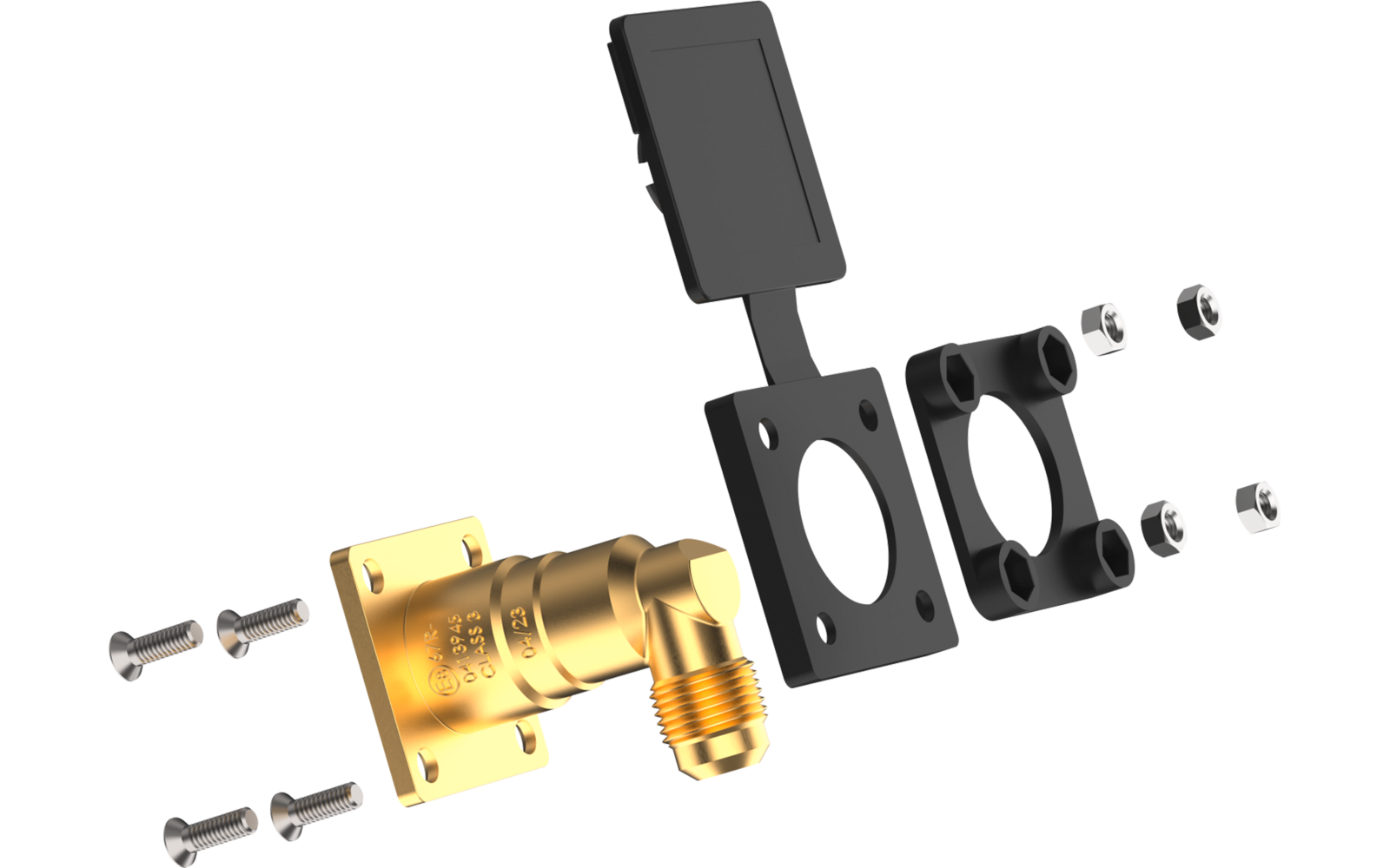 Explosionsdarstellung: goldfarbenes Metall-Winkelstück, rechteckige goldene Montageplatte, schwarze Kunststoffhalterung in zwei Teilen, mehrere Muttern und Schrauben