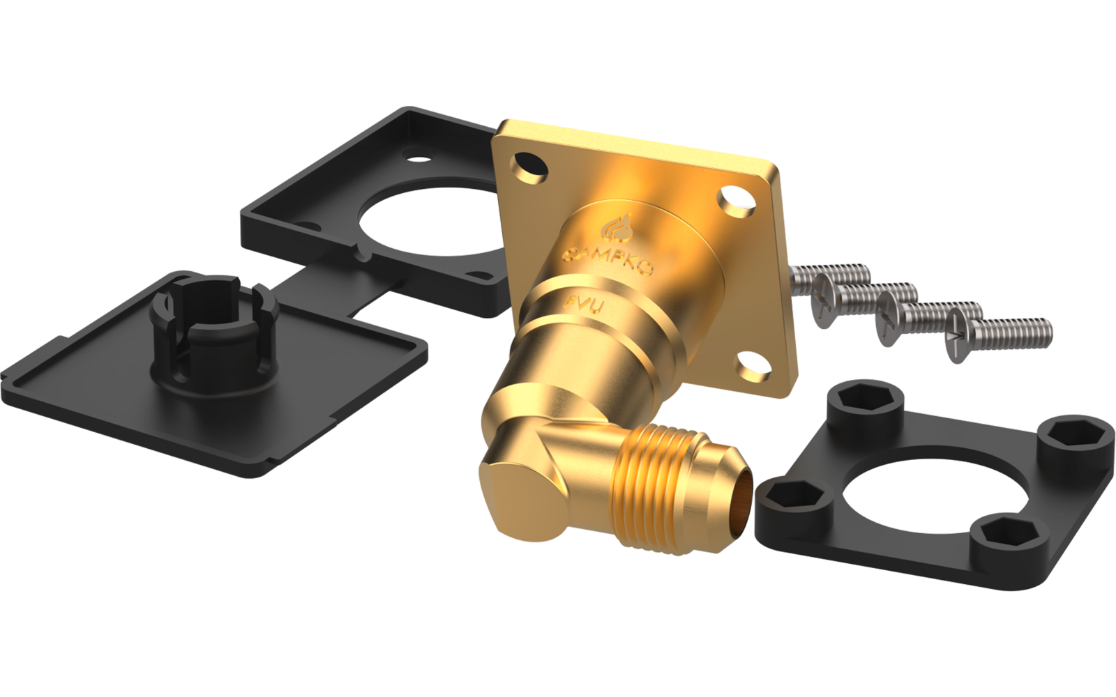Goldfarbenes Metallteil mit Gewinde und quadratischem Flansch mit vier Löchern; drei silberne Schrauben und mehrere schwarze Kunststoffplatten mit runden Ausschnitten