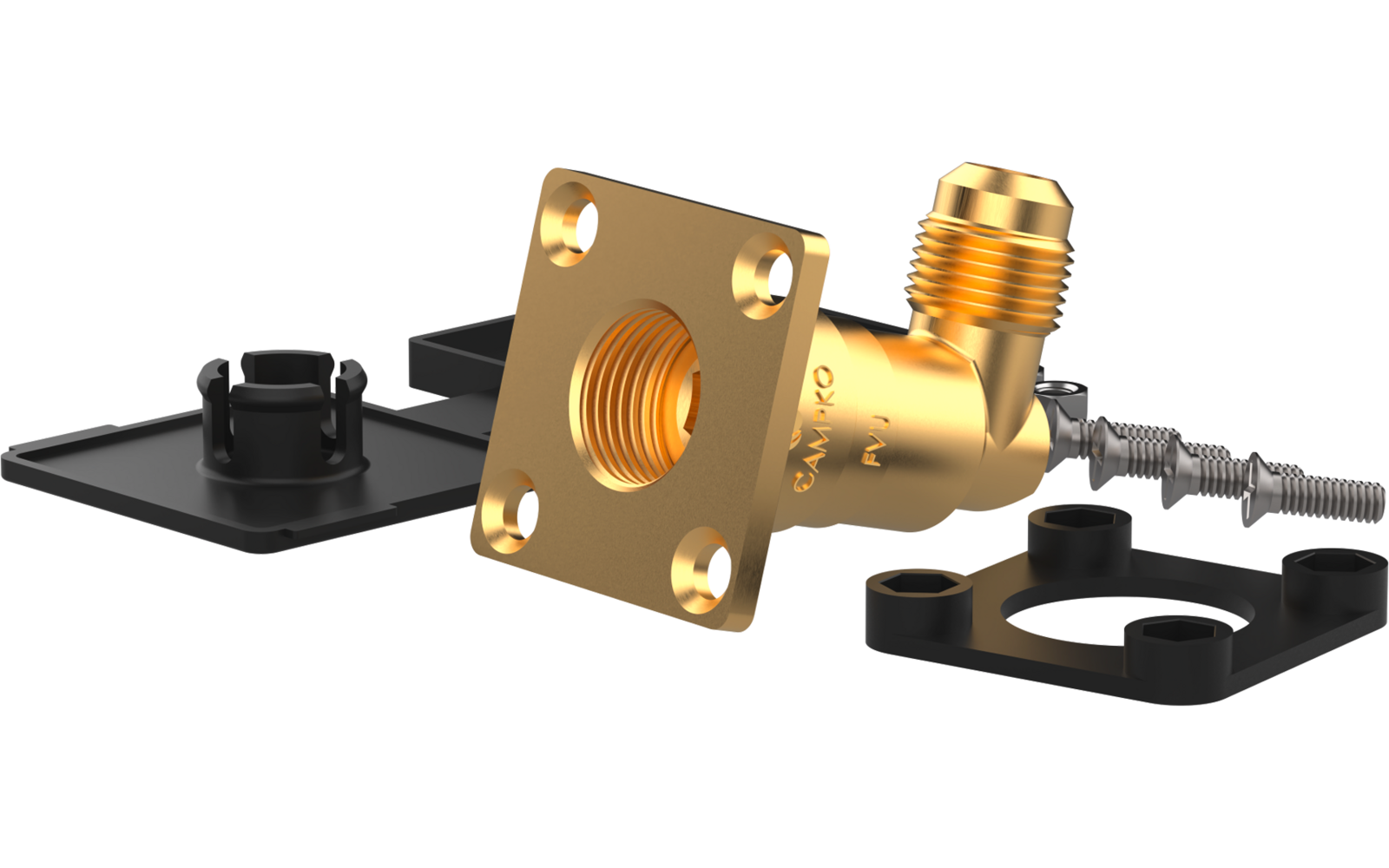 L-förmiges, messingfarbenes Bauteil mit quadratischer Montageplatte und Gewinde, daneben schwarze Kunststoff-Montageplatten, Schrauben und Gummidichtungen auf weißem Hintergrund