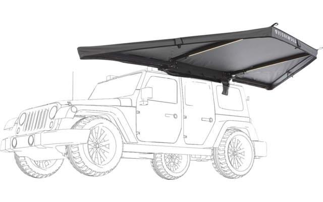 Skizzenhafter viertüriger Geländewagen mit auf dem Dach ausgeklappter Markise an der Seite