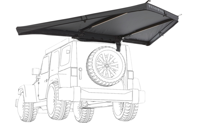 Skizzenhafte Heckansicht eines Fahrzeugs mit außen an der Heckklappe befestigtem Reserverad und einer rechteckigen, an der Dachkante ausgefahrenen Markise