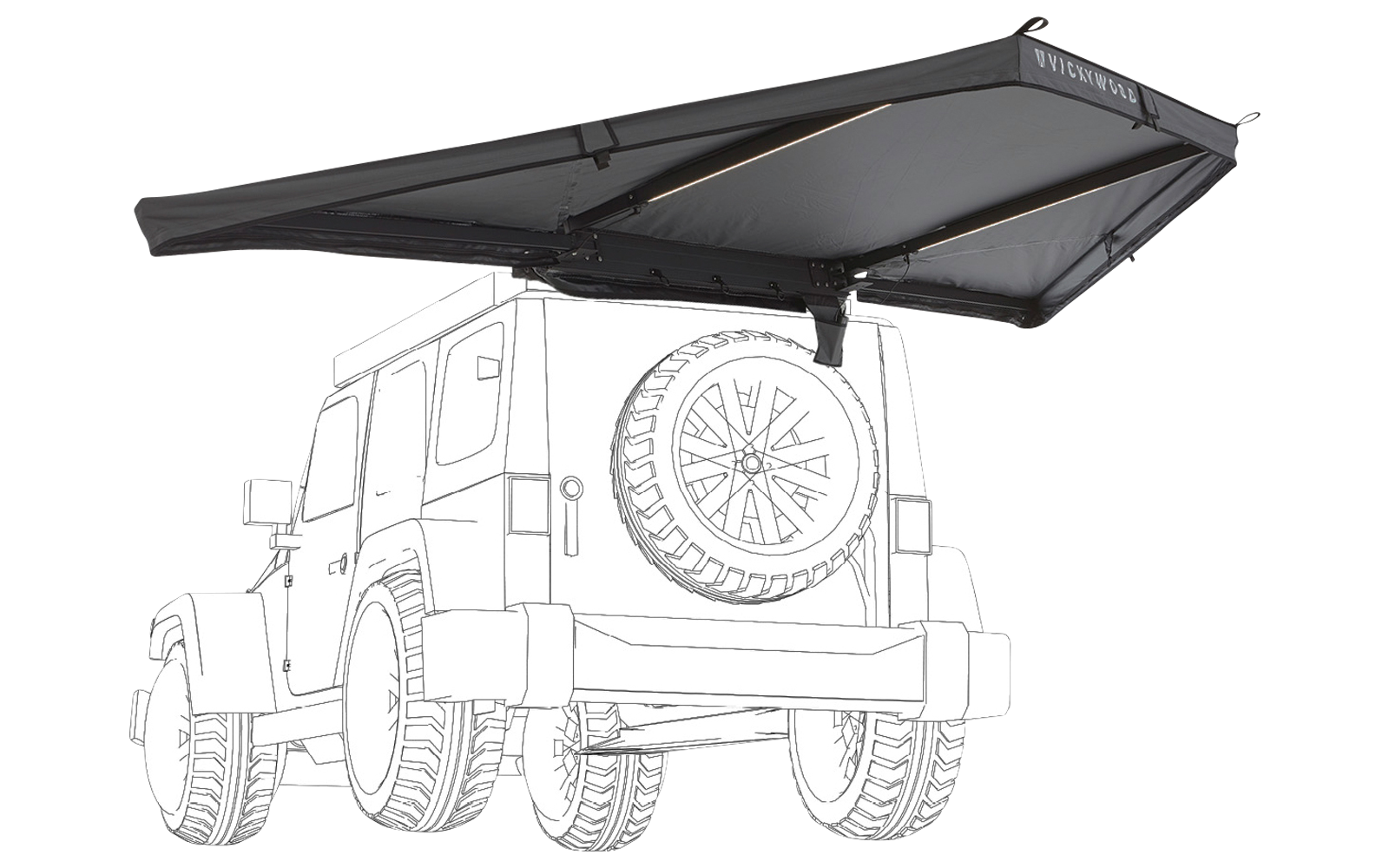 Skizzenhafte Heckansicht eines Fahrzeugs mit außen an der Heckklappe befestigtem Reserverad und einer rechteckigen, an der Dachkante ausgefahrenen Markise