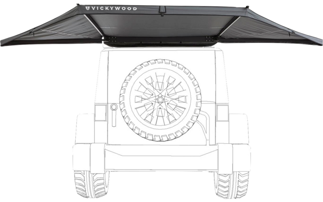 Rückansicht eines Fahrzeugs mit montiertem Ersatzrad an der Heckklappe und ausgeklappter Dachmarkise mit Schriftzug 'VICKYWOOD'
