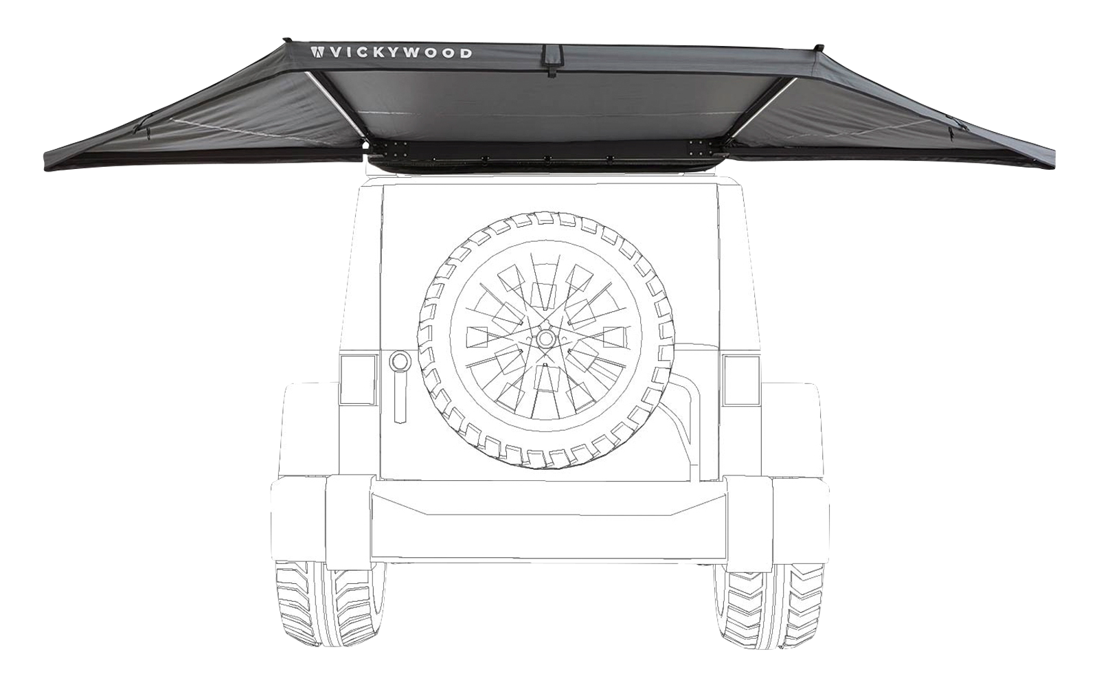 Rückansicht eines Fahrzeugs mit montiertem Ersatzrad an der Heckklappe und ausgeklappter Dachmarkise mit Schriftzug 'VICKYWOOD'