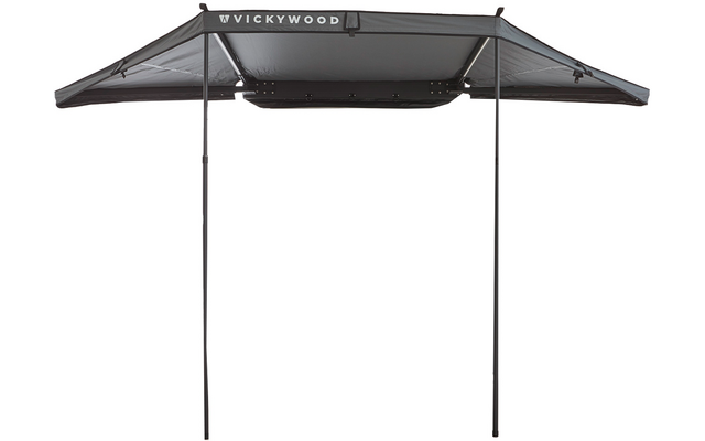 Graues rechteckiges Dachgewebe mit zwei schwarzen Stützstangen und dem Schriftzug "VICKYWOOD" am oberen Rand