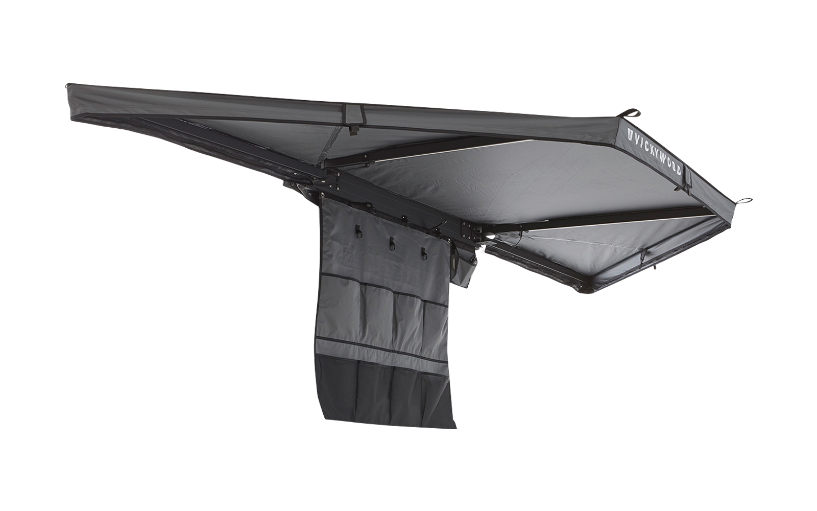 Graue, ausgeklappte Markise mit Metallgestell und hängender Stofftasche