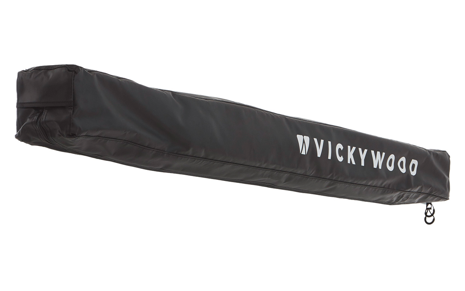 Langes schwarzes, gepolstertes Stoffetui mit weißer Aufschrift 'VICKYWOOD' und Metallring an einem Ende