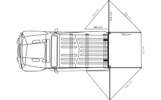 Draufsicht eines Transporters mit offener Ladefläche. Rechts eine rechteckige Plattform mit drei aufgeklappten dreieckigen Flächen. Auf der Ladefläche Längsstreifen und Pfeile; Maßangaben sichtbar (z. B. 98 cm, 103 cm, 134 cm, 49 cm)