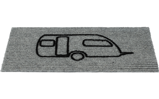 Una alfombra gris con el contorno negro de la vista lateral de un coche o vehículo