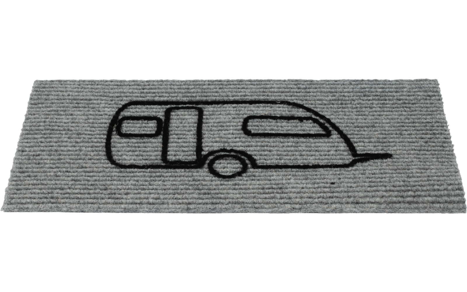 Una alfombra gris con el contorno negro de la vista lateral de un coche o vehículo