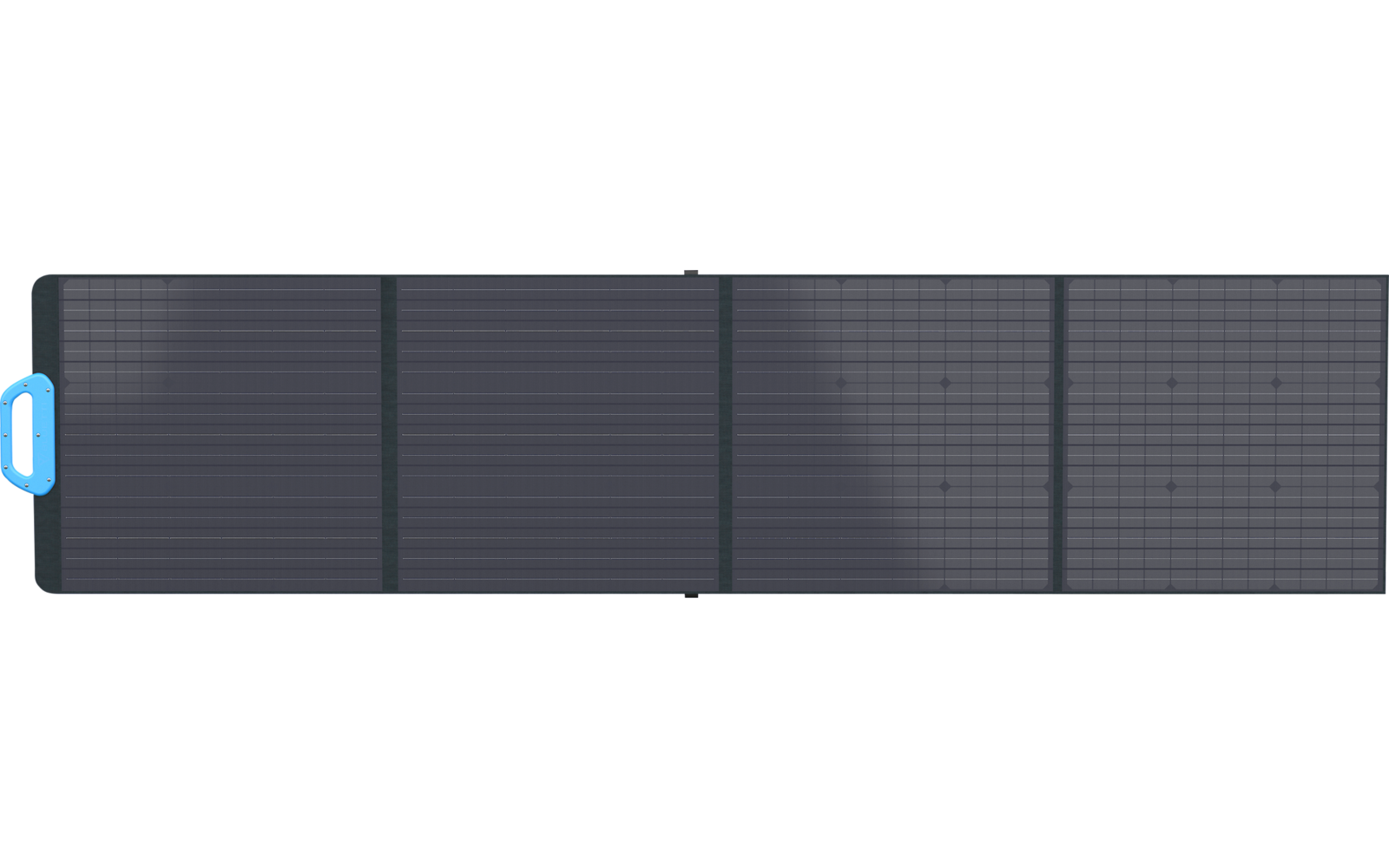Un panneau solaire pliable déplié de couleur gris foncé avec une languette de poignée bleue
