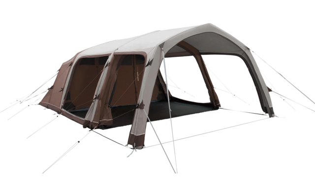 Aufblasbares Zelt mit transparenten Fenstern und braunen Vorhängen