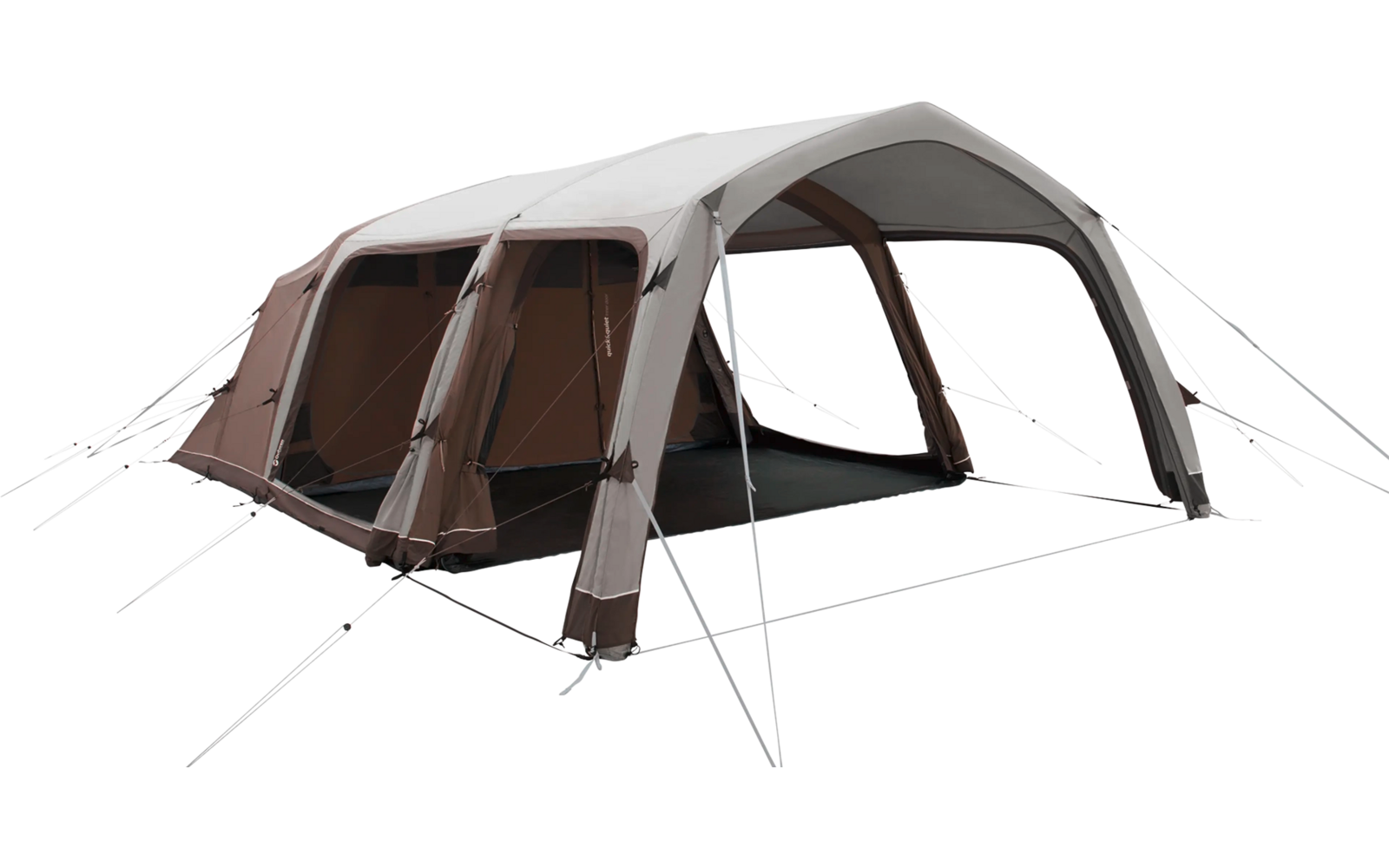 Aufblasbares Zelt mit transparenten Fenstern und braunen Vorhängen
