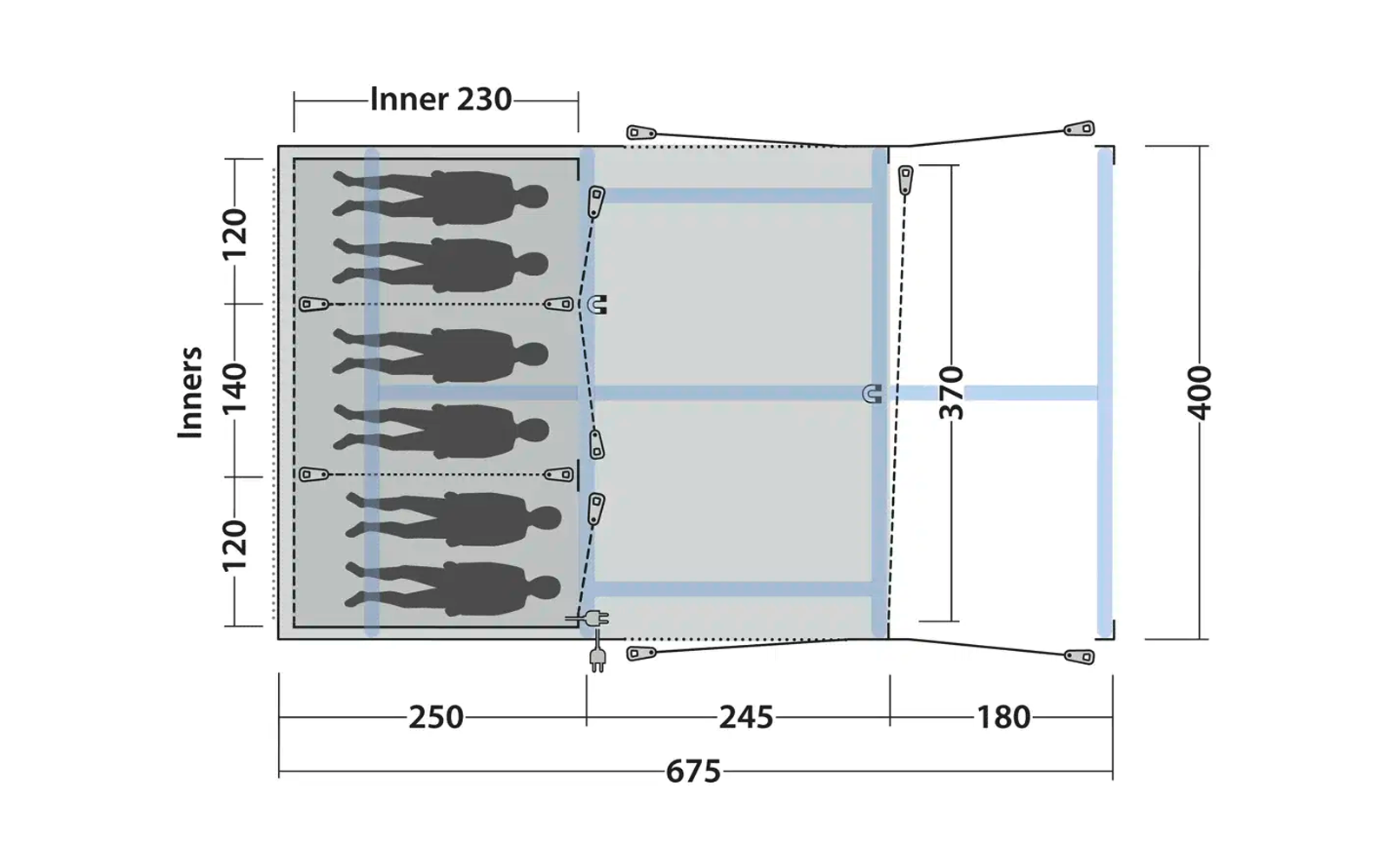 Technische Zeichnung mit sechs horizontal angeordneten Figuren links und gemessenen Abständen rechts