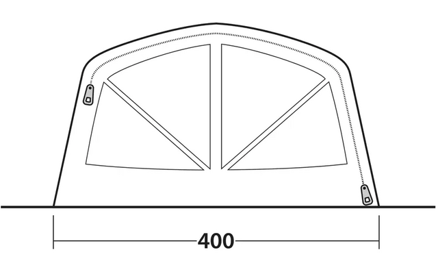 Schwarz-weiß Zeichnung eines halbkreisförmigen Fensters mit vier rechteckigen Sprossen und Maßangabe 400 mm